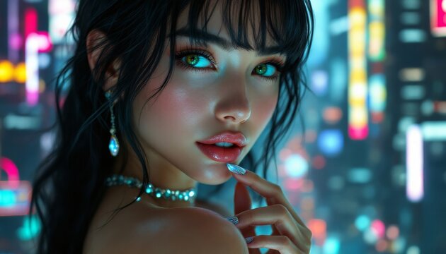 Elegant Woman with Glowing Pendant in Futuristic Neon Cityscape