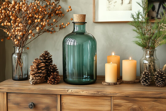 Zielony przeźroczysty wazon, obok trzy zapalone świece na komodzie  - Świąteczne dekoracje - L0192