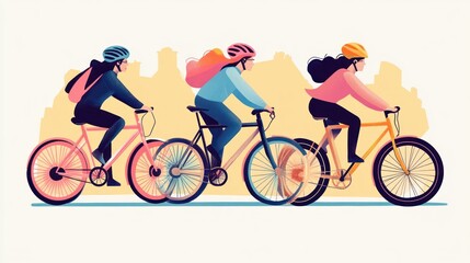 Fototapeta premium Three Women Cycling Through Cityscape: A Vibrant Illustration of Urban Cycling