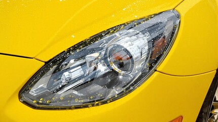 A yellow car with a wet headlight with raindrops