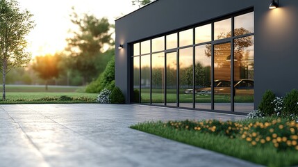 Modern building with a landscaped exterior at sunset.
