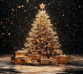 Złota choinka z prezentami na tle gwiazd