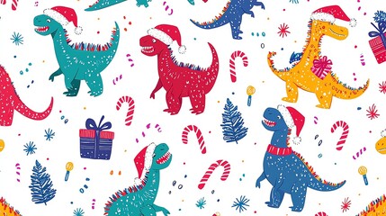 Obraz premium Quirky Christmas sweater pattern with dancing dinosaurs wearing Santa hats, scattered candy canes, neon Christmas lights, mismatched colors on white background, retro knit texture
