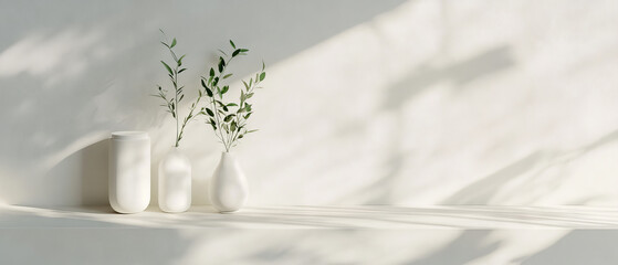Minimalist white vases with green branches on sunlit shelf
