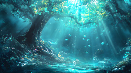 Fototapeta premium Enchanting Aquatic Awe: Bioluminescent Landscape with Turquoise Waters and Ethereal Light