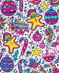 Wacky Christmas pattern with breakdancing gingerbread men, disco balls ornaments, flamingos in scarves, bold neon colors on white background