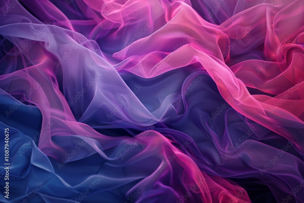 Poster ethereal layers of sheer fabric in shades of purple and pink flowing together, creating a dreamy abs