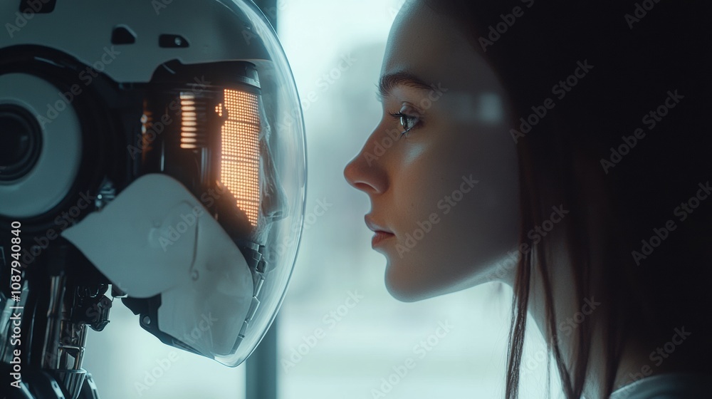Poster a human looks closely at a digital mirror, seeing a robot reflection that embodies artificial intell