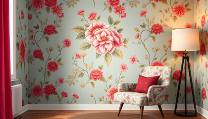 Beautiful room interior with stylish chair, lamp and floral pattern on wall. Space for text, colorful
