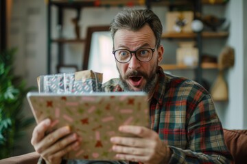 Excited Man Unwrapping Holiday Gifts in Cozy Living Room, Surrounded by Festive Decorations and Family Cheer, Capturing the Joy of Giving