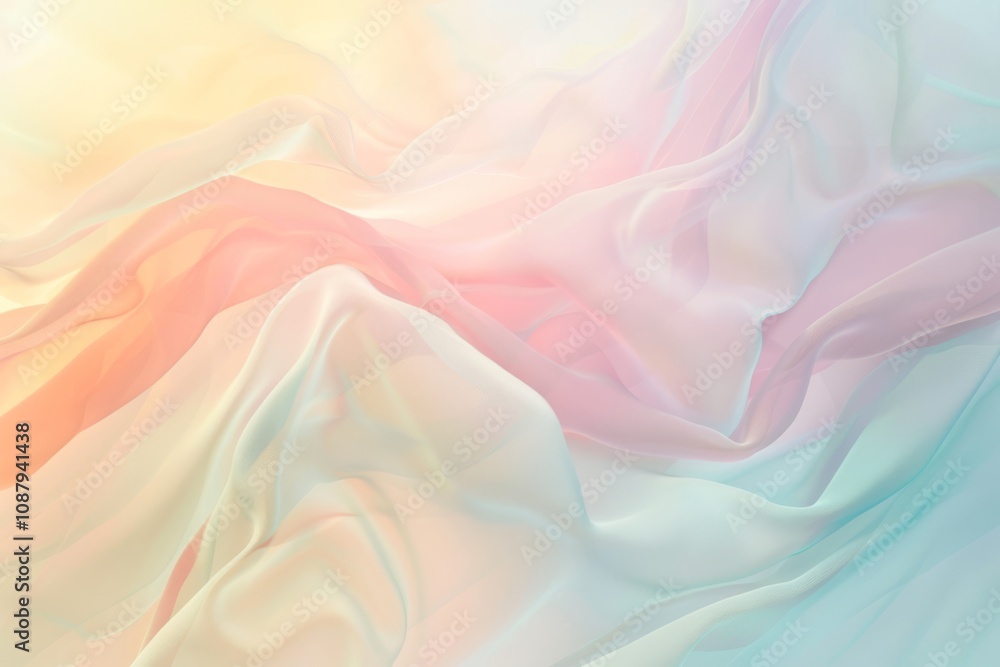 Poster soft pastel fabric drapery flowing gracefully with ethereal light, creating a dreamy atmosphere and 