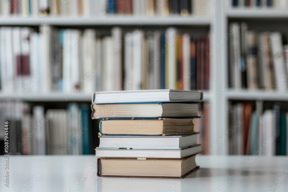 Poster stack of books on a table in a library, featuring a modern and minimalist atmosphere with soft focus