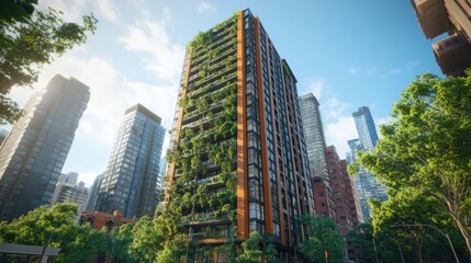 Obraz premium Modern building with vertical greenery in an urban setting.