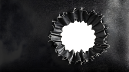 Close-up of a hole in black leather with frayed edges, isolated on a transparent or white background.