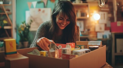 Fototapeta premium Smiling Woman Arranging Gift Boxes in Cozy Workshop
