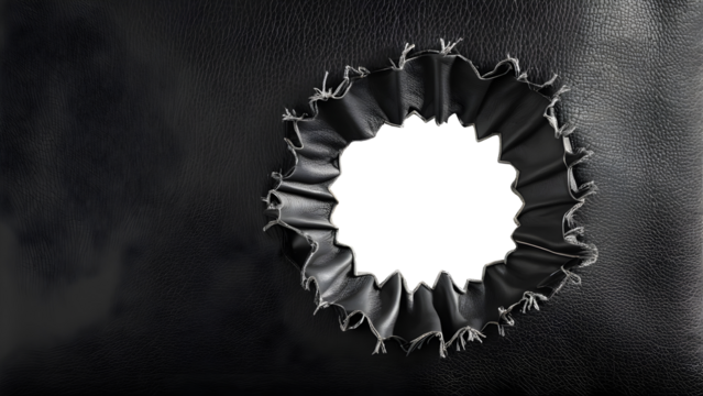 Close-up of a hole in black leather with frayed edges, isolated on a transparent or white background.