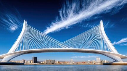 Obraz premium Modern cable-stayed bridge against a blue sky.