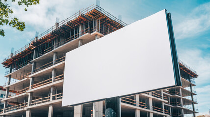 A large white billboard is suspended from the side of a building. The billboard is empty, with no text or images on it. The empty billboard contrasts with the busy construction site below