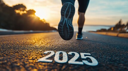 New beginnings: A runner poised at starting line with number 2025, symbolizing commencement of new life stage in upcoming year, capturing spirit of determination and fresh opportunities.