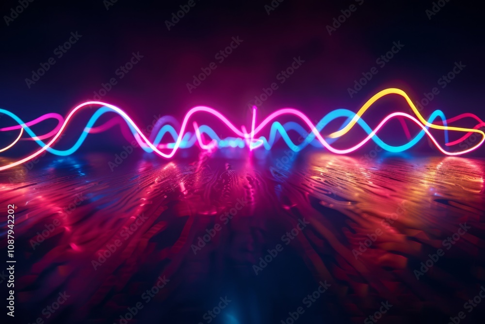 Poster vibrant and colorful abstract light waves reflecting on a dark surface in a dynamic display of neon 