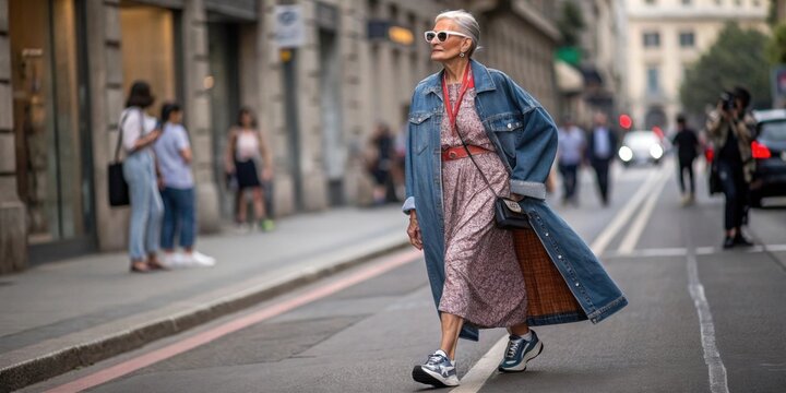 Elegant elderly woman wearing a long denim coat, floral dress, and sneakers walks confidently down a city street during fashion week, showcasing her unique style and representing active aging