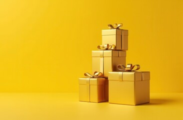 A tower of gold gift boxes with elegant ribbons on a vibrant yellow background, representing luxury and celebration for the New Year and Christmas.

