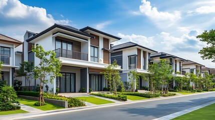 Row houses in a modern condominium settlement, with uniform design and landscaped surroundings.