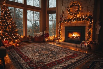 A cozy living room with a fireplace, Christmas tree, and gifts.