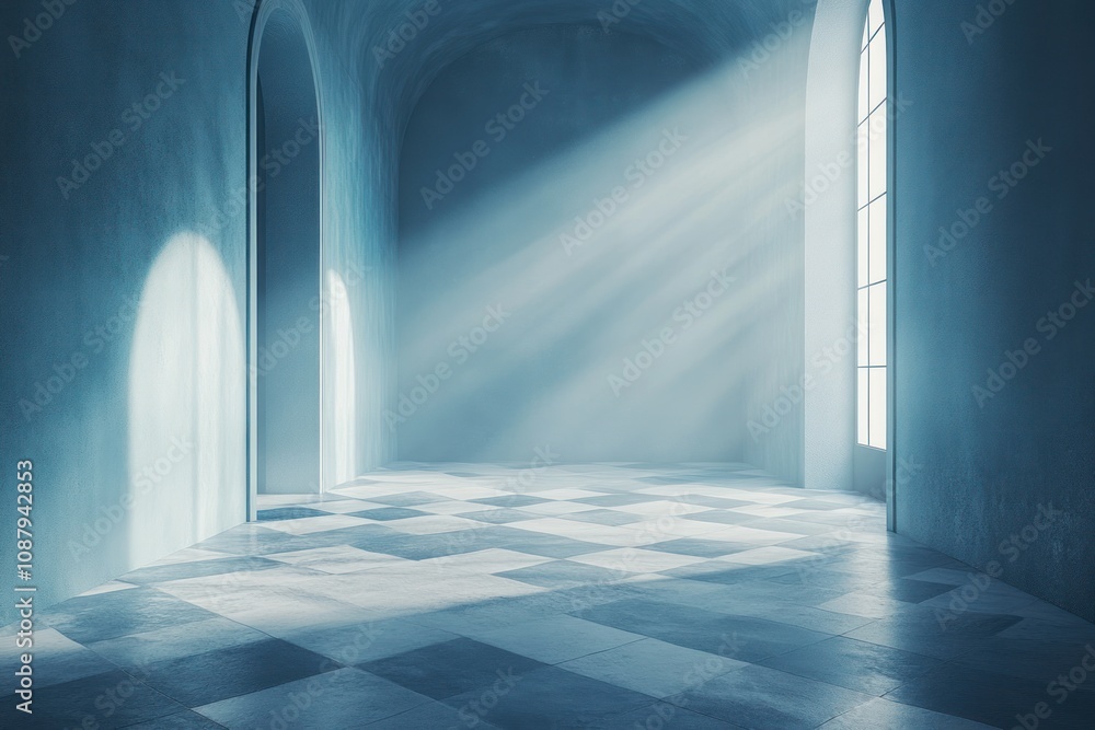 Poster a minimalist, modern hallway with sunlight streaming through an arched doorway and a large window. t