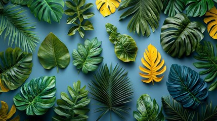 A vibrant arrangement of various tropical leaves on a blue background.