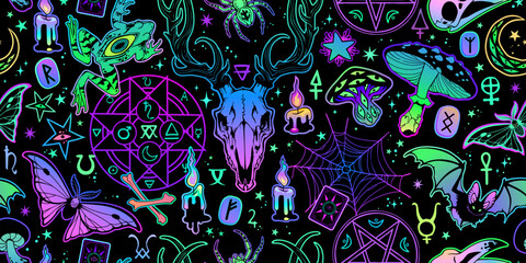 Bright seamless pattern with witchcraft elements