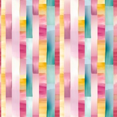 Abstract bright colorful mosaic geometric seamless pattern with vertical stripes and rectangles in yellow or gold, pink or red, green colors. Watercolor abstract art.