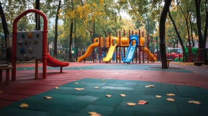 Empty playground with vibrant slides and climbing structures awaits the joy and laughter of children among the autumn leaves in a peaceful park