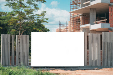 A large white sign is in front of a building under construction. The sign is blank, and the building is tall and unfinished. Concept of anticipation and progress