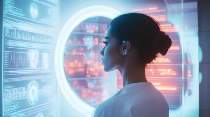 A person engages with an interactive mirror that assesses hair health and delivers personalized AI-based suggestions. Generative AI