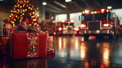 Holiday celebration with gifts near fire engine station