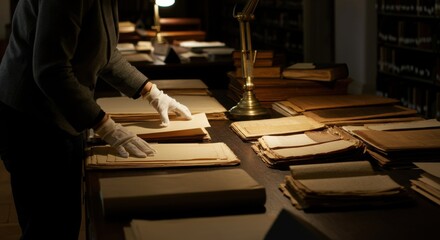 Person studying old documents and books in dim room