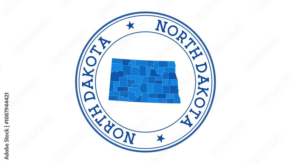 Poster north dakota intro. badge with the circular name and map of us state. north dakota round logo animat