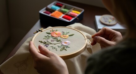 Woman embroidering colorful flowers on fabric with needle and thread