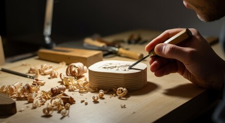 Hand carving wood with chisel, surrounded by shavings on workbench