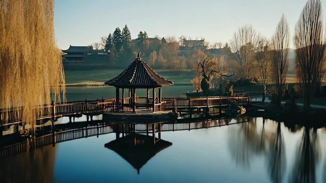 A picturesque gazebo, nestled on a small island in a tranquil lake, is the focal point