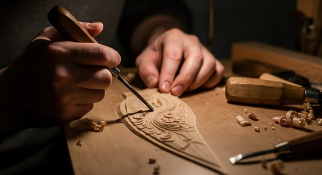 Hands carefully carving intricate wood design using tools