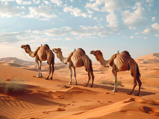 Three Camels Stand in a Desert Landscape Under a Cloudy Sky