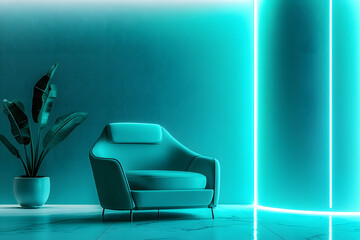 Serene Aquatic Awe Living Room with Turquoise Lighting and Modern Furniture
