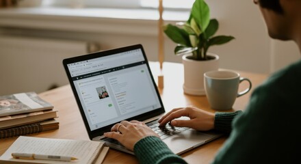 Person typing on laptop at wooden desk with plant