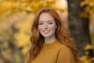 Young woman with red hair smiles in autumn park setting