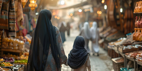 Fototapeta premium Mother and Daughter Stroll Through a Bustling Middle Eastern Market, Surrounded by Vivid Colors and Aromatic Spices.