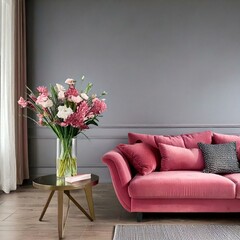 design of room with pink sofa and gray wall