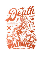 Death on a Scooter. Halloween Poster. Original vector illustration in vintage style. T-shirt design.