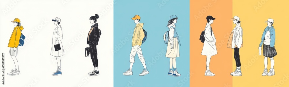 Poster a series of simple line art illustrations featuring people in various poses and outfits, each render